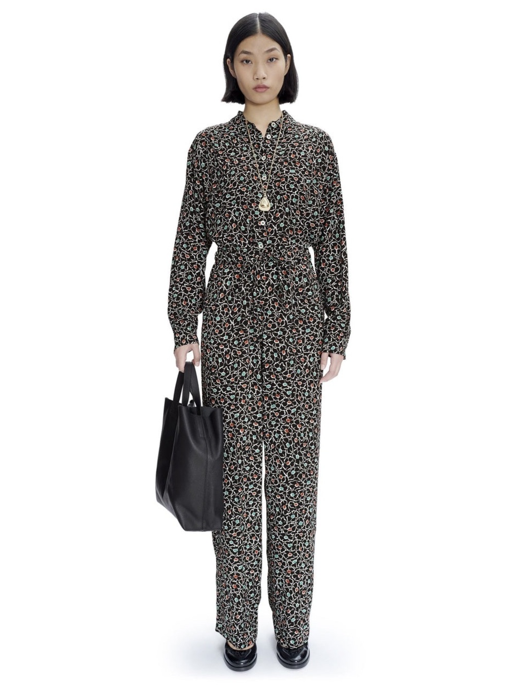 A.P.C. Cameron Printed Long-Sleeve Jumpsuit in Black with Multicolor Pattern